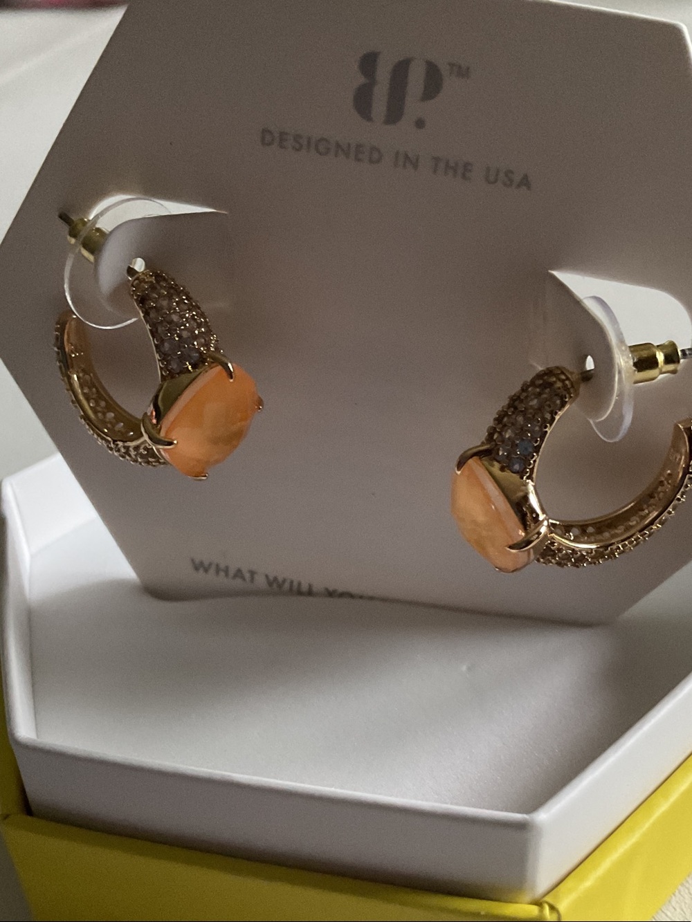 bp Gold-Tone Hoop Earrings with Peach Cabochon
